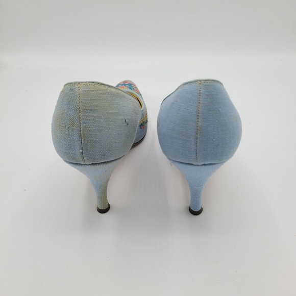 Vintage Mademoiselle Triumph Last Embroidered Floral Baby Blue Pumps Heels - Picture 6 of 10